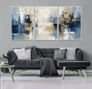 Modern Abstract Canvas Wall Art in Blue and Gold Tones |
