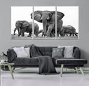 Black White Elephant Family Wall Art Canvas Print