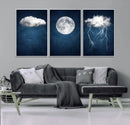 Dark Blue Cloud Art, 3 Piece Indigo Blue Wall Art, Aesthetic