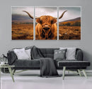 Highland Cow Longhorn Wall Art – Rustic Canvas Print, Framed