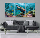 Sea Turtle and Coral Reef Triptych Wall Art – Vibrant