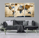 World Map Wall Art – Antique Style Blue and Brown Map Canvas