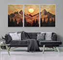 Wood Style Abstract Mountain Sunset Canvas Wall Art Print -