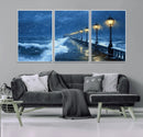 Stormy Ocean Pier Lights Canvas Wall Art Print - Large Moody