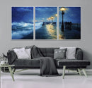 Storm Ocean Pier Canvas Wall Art Print - Large Moody Night