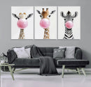 Bubblegum Animals Canvas Wall Art - Playful Giraffe and