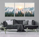 Misty Pine Forest Wall Art Canvas, Sunrise Over Foggy Trees