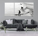 Surfers on Waves Wall Art Canvas Print – Framed Black and