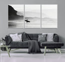 Surfer Beach Wall Art – Framed Black White Ocean Canvas