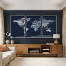 Blue Detailed World Map Wall Art Canvas Print, Modern Framed