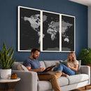 Black World Map Wall Art Canvas Print – Detailed Map of the