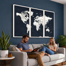 Black World Map Wall Art Canvas Print for Home Office and