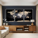 Grunge World Map Wall Art | 3-Panel Large Beige and Brown