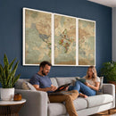 World Map Wall Art Canvas Print, Rustic Map Print, Framed