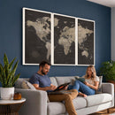 World Map Canvas Wall Art Dark Charcoal Antique Tan Detailed