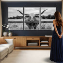 Black White Texas Longhorn Bull Canvas Wall Art, Western Ranch Cattle Photography Print, Rustic Farmhouse Cowboy Decor Artwork by MyGreatCanvas | Canvas Wall Art Prints | Photo Prints & Wall Decor