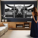 Black White Texas Longhorn Bull Canvas Wall Art, Western Ranch Cattle Photography Print, Rustic Farmhouse Cowboy Decor Artwork