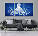 Large 3-Panel Blue Octopus Canvas Wall Art | Coastal Marine by MyGreatCanvas | Canvas Wall Art Prints | Photo Prints & Wall Decor