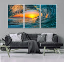 Ocean Wave Sunset Wall Art | Large Coastal Wave Canvas Print