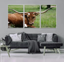 Longhorn Steer Canvas Wall Art – Rustic Nature Triptych