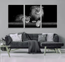 Large Black and White Lion Couple Wall Art Canvas Print –