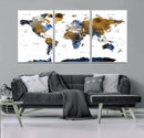 Modern Abstract World Map Canvas Wall Art – Framed Blue and