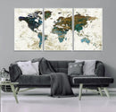 Vintage World Map Wall Art Canvas Print, Framed Rustic Earth