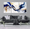 Golden Cascades on Midnight Blue – Deep Blue Abstract Wall