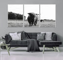 Black and White Highland Cow Wall Art Canvas Print | Rustic