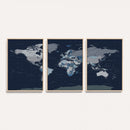Blue Detailed World Map Wall Art Canvas Print, Modern Framed