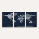 Blue Detailed World Map Wall Art Canvas Print, Modern Framed