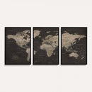World Map Canvas Wall Art Dark Charcoal Antique Tan Detailed