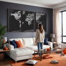 Black World Map Wall Art Canvas Print – Detailed Map of the