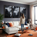 Black World Map Canvas Print – Detailed Map for Couples and