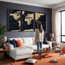 Dark World Map Canvas Wall Art Print, Minimal Black and Gold