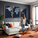 Blue Detailed World Map Wall Art Canvas Print, Modern Framed