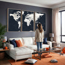Black World Map Wall Art Canvas Print for Home Office and