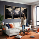 Grunge World Map Wall Art | 3-Panel Large Beige and Brown