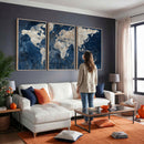Large Blue World Map Wall Art Canvas Print for Home Office