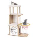 47 Inches Wooden Cat Tree with 2-Story Cat Condo and Basketball Hoop Hammock-Natural by LJGDeals