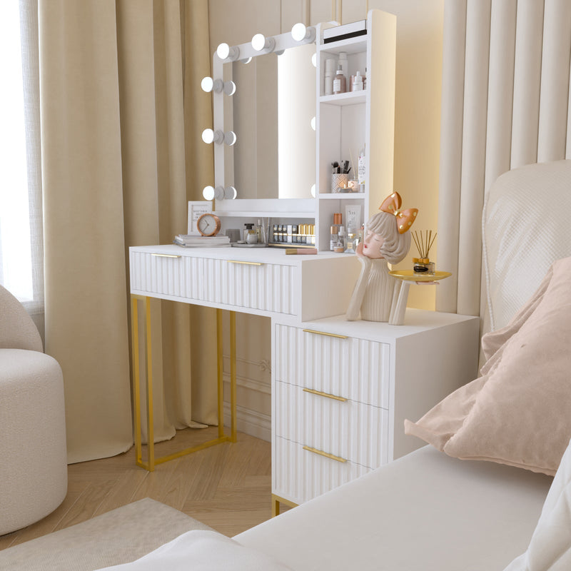 Walker Edison | White Makeup Vanity Desk with Mirror and Lights