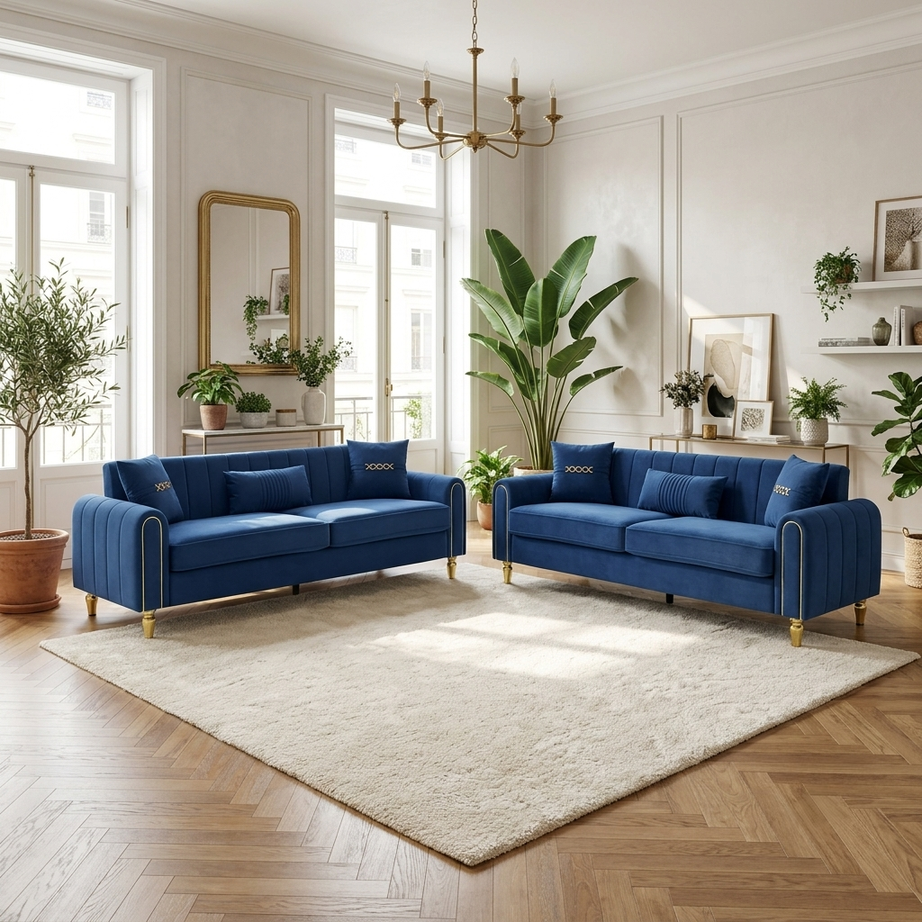 Vintage Blue Velvet 2-Piece Sofa Set, photo 4 of 10