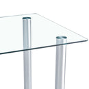 A modern minimalist style glass dining table. Transparent tempered glass tabletop with a thickness of 0.3 feet and silver metal legs. Suitable for restaurants and living rooms. 63 "x 35.4" x 30"