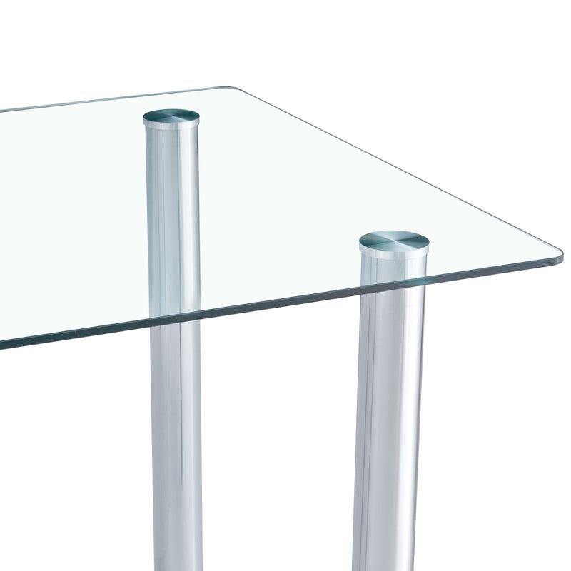 A modern minimalist style glass dining table. Transparent tempered glass tabletop with a thickness of 0.3 feet and silver metal legs. Suitable for restaurants and living rooms. 63 "x 35.4" x 30"