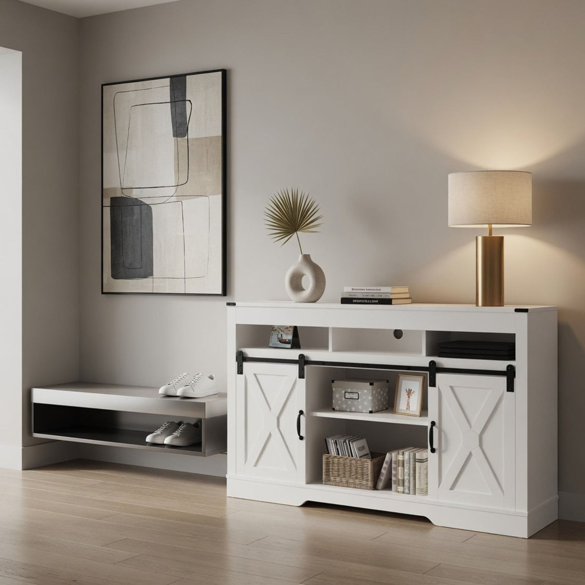 Farmhouse TV Stand With Sliding Barn Doors & Adjustable Storage, photo 19 of 40