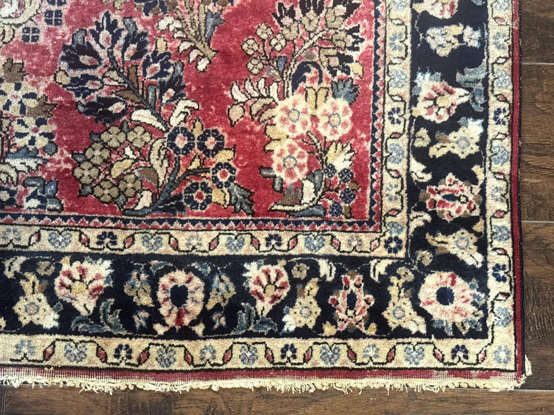 Antique Persian Sarouk Rug 4x7, Floral, Red 1920s Persian Wool Carpet