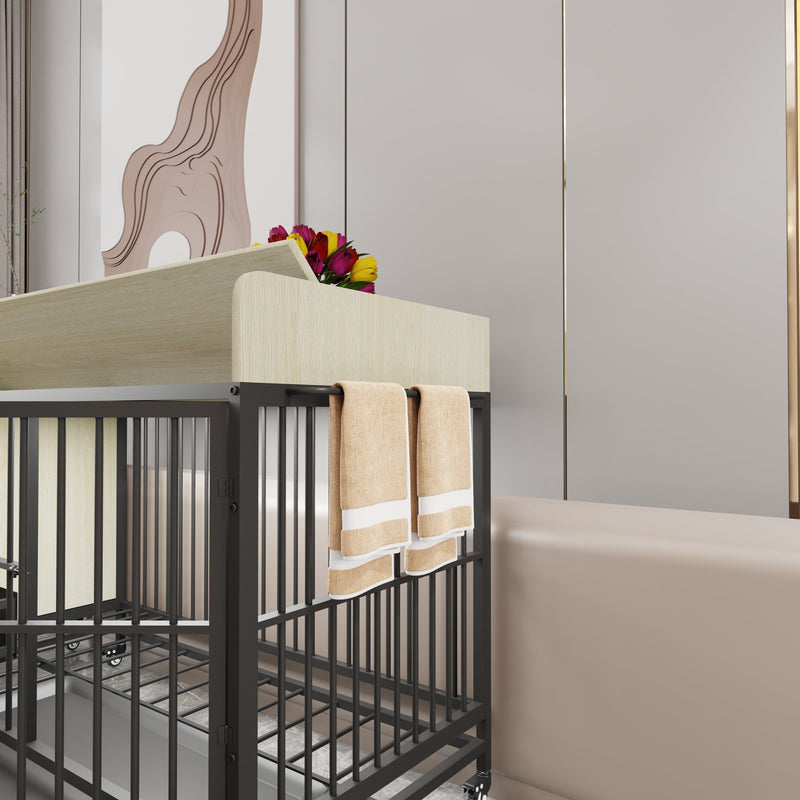 Large pet cage with storage rack, drawers with stainless steel food and water basin, made of iron frame and MDF material, sturdy, exquisite, and practical (black+beige)