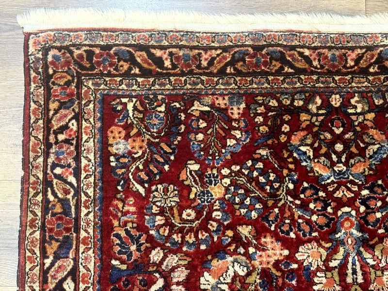 Antique Persian Sarouk Rug 4x6, Floral, Red, Wool Hand Knotted Fine 225 KPSI