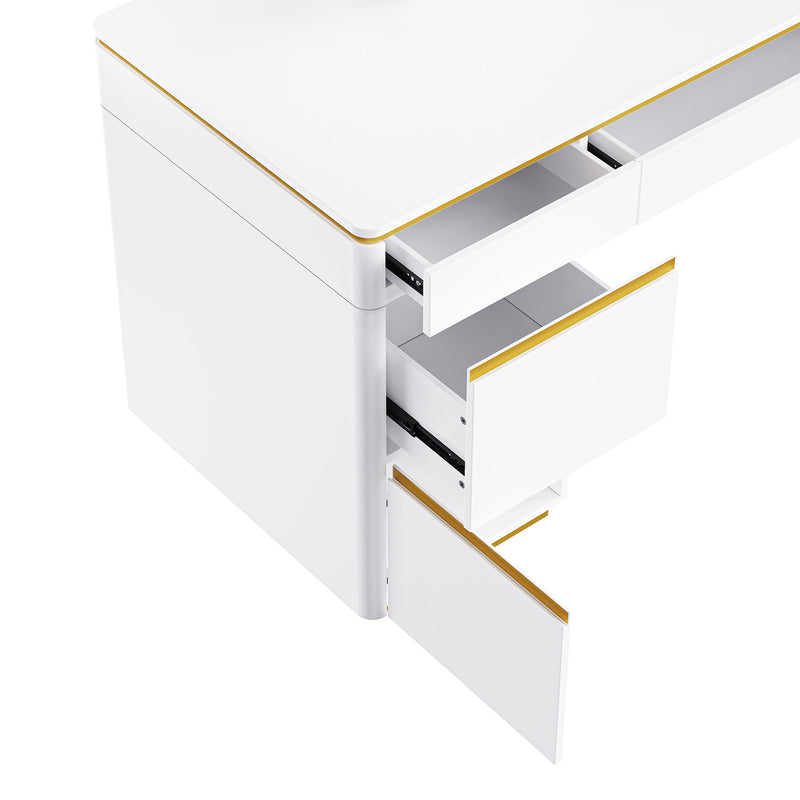 60"Modern Executive Desk,White Curved Computer Desk with Gold Metal Legs,3-Drawers Home Office Desk,Writing Desk with 1 Storage Cabinet for Home Office,Living Room,Gold+White