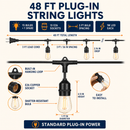 48 Ft Plug-In LED Outdoor String Lights Waterproof- Hanging, Dimmable 2W Vintage Edison Bulbs
